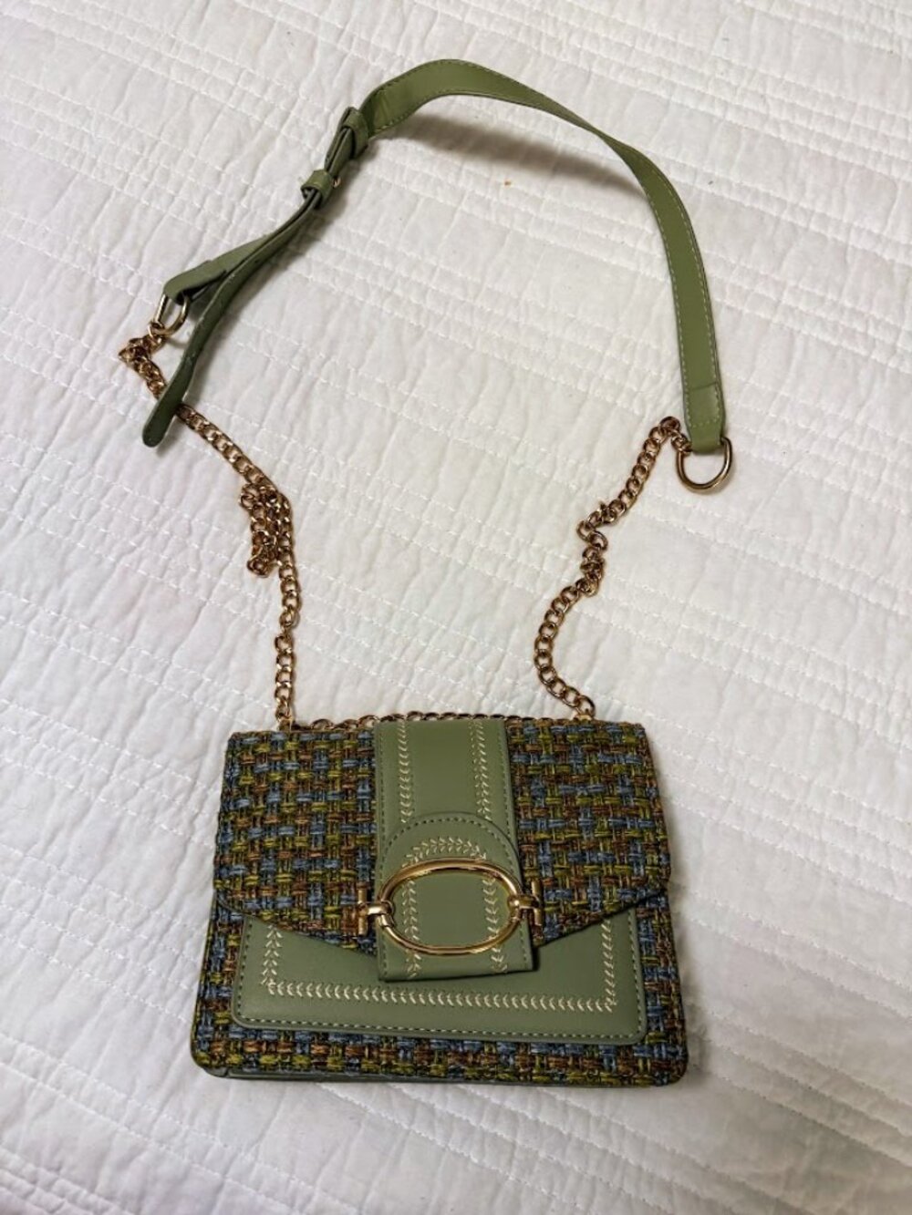Korean Style Woven Small Handbag Green Plaid Tweed Gold Hardware Shoulder Strap